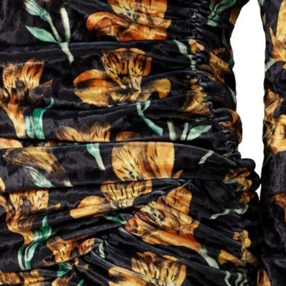Delfi Collective Black Velvet Ruched Tiger Lily Print Cocktail Dress M - Picture 4 of 9